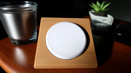 White Round Nightlight on Wooden Base with Water and Succulent. Mock up promotion information for marketing announcements and details, blank white space.