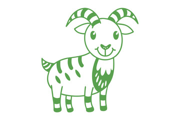 Cartoon goat with green stripes and spots stands smiling on white background