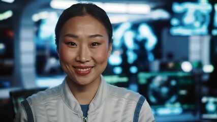 Confident woman in spacesuit smiles in a high-tech setting