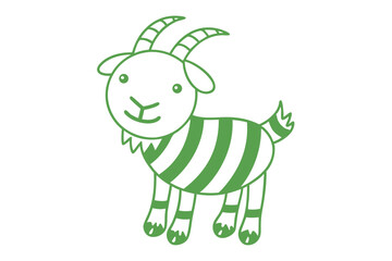 Adorable green striped cartoon goat stands cheerfully with playful expression against a white backdrop