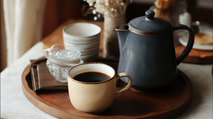 Fototapeta premium Dark Coffee in Beige Cup with Blue Teapot on Wooden Serving Tray. Mock up promotion information for marketing announcements and details, blank white space.