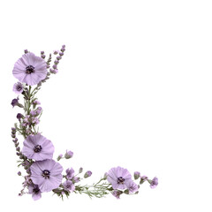 Purple flowers arranged in a decorative corner border frame