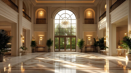 Interior design of a doubleheight entrance foyer in a luxurious residential space dimensions approximately 18 feet by 20 feet wide The style is neoclassical with a