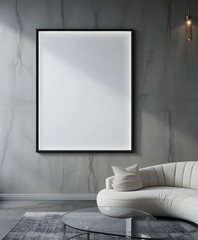 Modern Living Room Poster Art Frame Mockup with Vertical 2:3 Ratio White Blank Frame, Thin Black Border, Stylish Mid-Century Sofa with Wooden Legs, Decorative Indoor Plant Beside Light Cream Wall, Ult