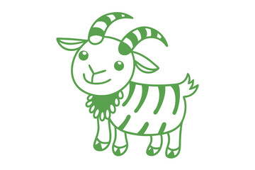 An adorable green goat stands with striped horns, a cute friendly smile