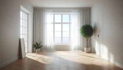 Empty room with window curtains plant pots concept design apartment clean