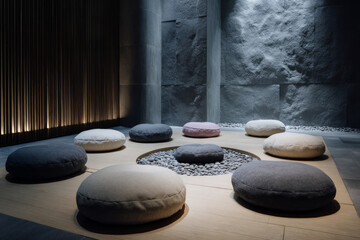 A quiet meditation room with soft cushions An AI assistant is guiding a breathing exercise session