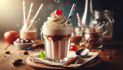 Ice cream with chocolate sauce milkshake drink concept delicious food