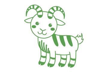 Charming cartoon goat with green stripes and horns gazes forward sweetly