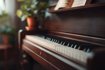 Dark Wood Piano with Keys in Warm Room with Potted Plants. Mock up promotion information for marketing announcements and details, blank white space.