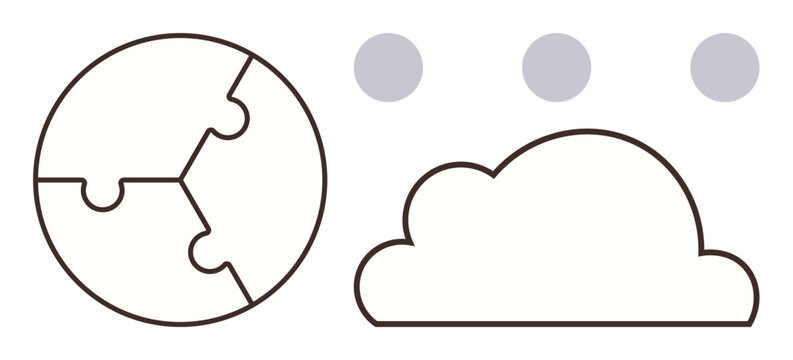 Puzzle-style globe alongside a cloud and three circles above, representing collaboration, global connectivity, cloud storage, sustainability, problem-solving, teamwork, innovation. A simple flat