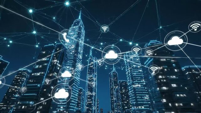 Dynamic blue neon skyscrapers connect in a futuristic digital network, symbolizing global data flow and cloud technology.