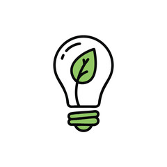 A simple hand-drawn light bulb icon featuring a vibrant green leaf inside, symbolizing sustainable energy, environmental innovation, and eco-friendly solutions.