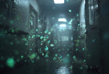 Dimly Lit Urban Alleyway at Night with Wet Pavement Reflecting Neon Lights and Falling Raindrops