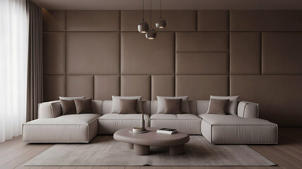 Luxurious u shaped sectional sofa with plush cushions and modern geometric wall paneling in a chic living room