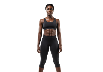 Fit Black Woman in Sports Bra and Leggings: Athletic Female Fitness Model isolated on transparent background