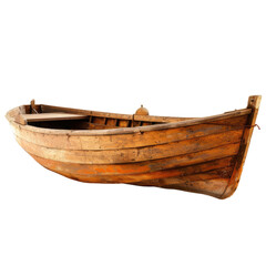 Side view of an antique wooden rowboat.  The boat is light brown, showing signs of age and use.  The hull is long and narrow, with a simple,  flat bottom.