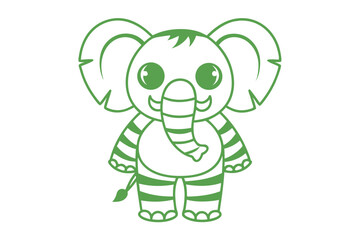 Charming outline of a striped green elephant stands smiling on white background