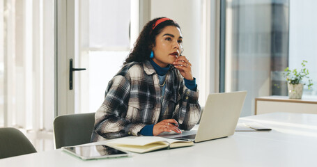 Laptop, thinking and idea with business woman in office for internship, web designer or reflection....