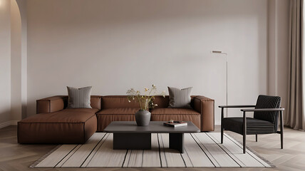 Modern living room with plush brown sectional sofa minimalist coffee table and stylish armchair