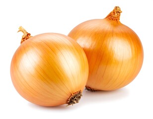 Two golden onions on a white background