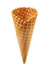 Crispy empty waffle ice cream cone isolated on transparent background in close up