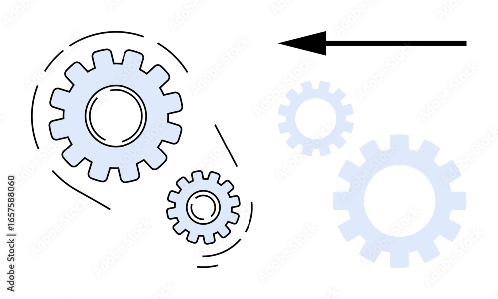 Poster interconnected gears in motion with a forward-pointing arrow highlighting teamwork, mechanism, progr