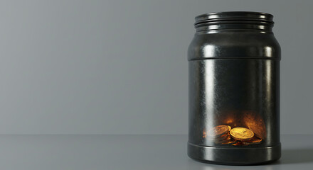 Dark, metallic jar containing glowing coins or treasure, casting a warm light against a plain background.