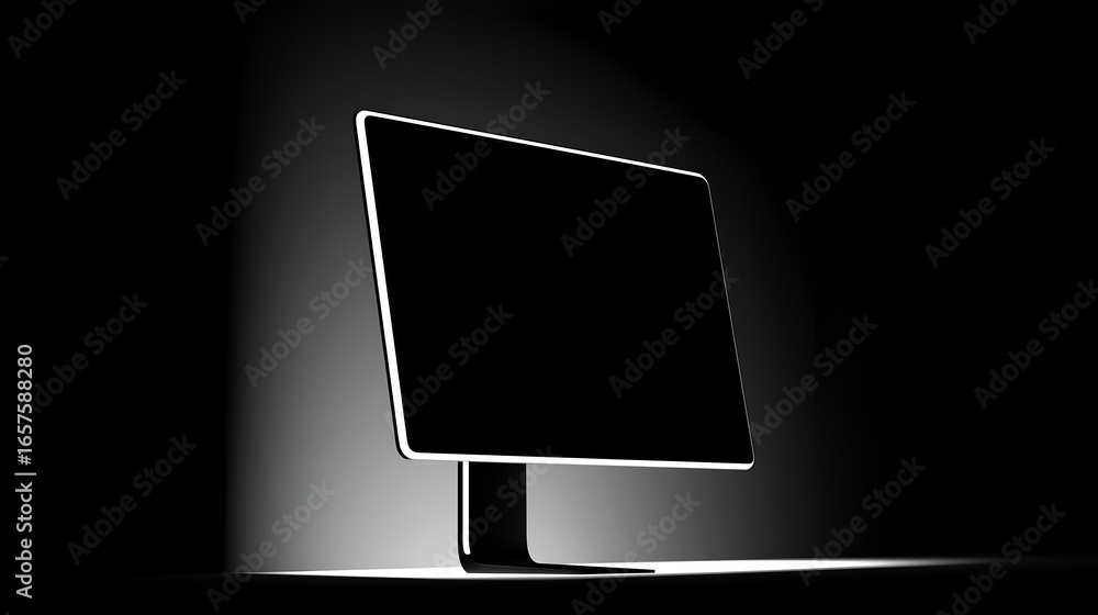 Aufkleber modern monitor on black backdrop with dramatic lighting and empty screen. mock up promotion informat
