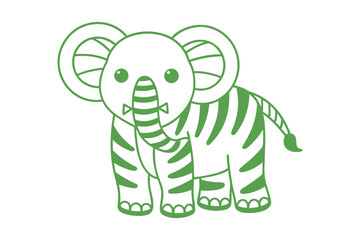 Cute cartoon elephant with green stripes looks forward on a solid white background