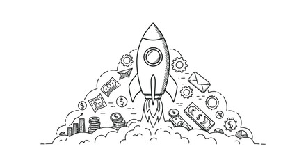 A rocket ship launching with money and business icons surrounding it silhouette