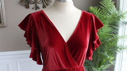 Close-up of a luxurious red velvet holiday dress highlighting its elegant ruffled sleeves