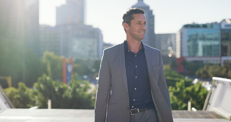 Businessman, vision and outdoor for city planning, urban development with real estate insight or...