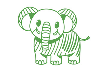 Cute cartoon elephant with green stripes cheerfully stands against the bright white background