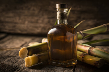 Artisan rum bottle beside fresh sugar cane stalks showcasing the authentic origins of this tropical spirit.