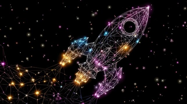 Abstract Digital Rocket Launching in Space with Starfield Background and Geometric Wireframe Design