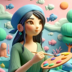Girl woman young artist painting concept digital illustration 3d clay