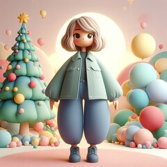 Girl toy 3d clay style doll illustration character concept with tree christmas