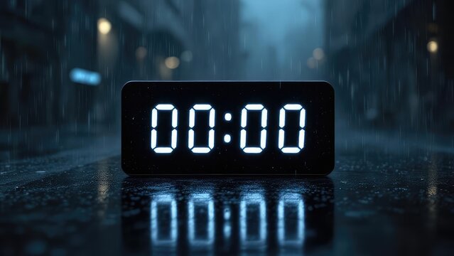 Dramatic Digital Clock Displaying Midnight on Wet Urban Street at Night