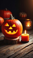 Halloween pumpkin on wooden background decoration concept candle orange color