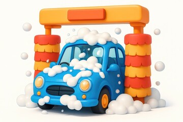 Cartoon Style 3D Rendering Car Wash Vehicle Service Illustration