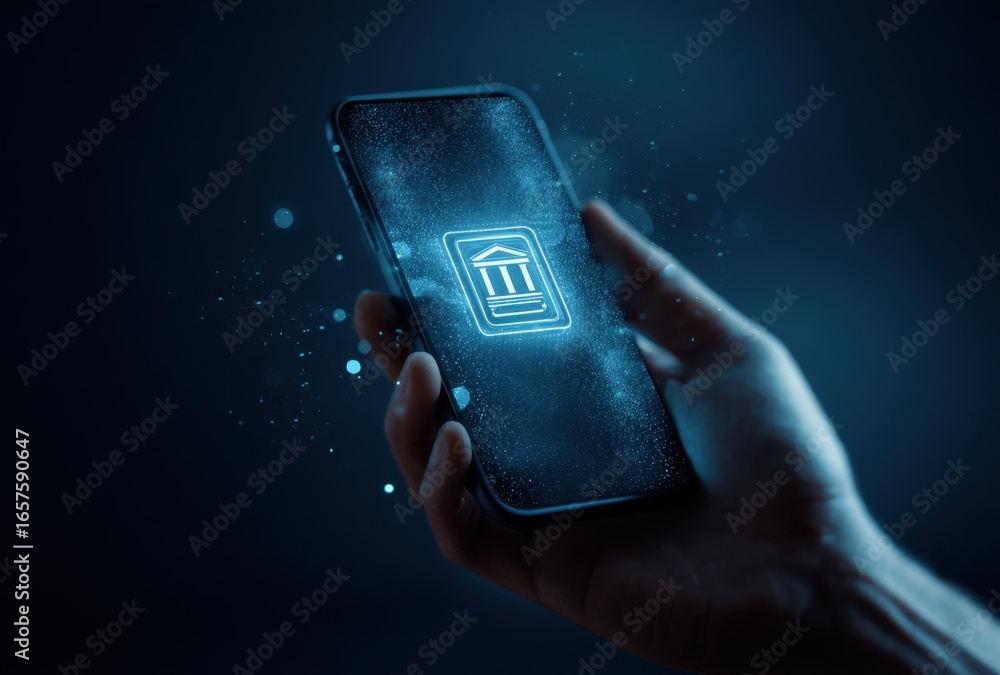 Poster close-up of a hand holding a smartphone with a digital lock icon displayed on the screen in a dark e