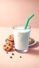 Glass of milk with cookies chocolate chips snack food delicious 3d illustration