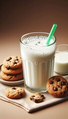 Glass of milk and cookies with chocolate chips delicious tasty snack