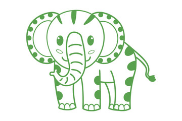 Cartoon elephant with green spots and a striped head stands happily on white