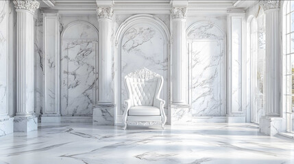 Fototapeta premium big white wide spacious studio room with marble stone collums and a big white throne chair