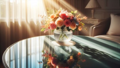 Flowers in vase on table lighting closeup photography sun rays day glass reflection