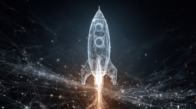 Futuristic Rocket Launch Concept with Digital Elements and Starry Background in High-Tech Environment