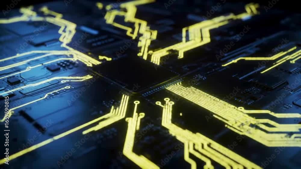 Poster close-up of a computer circuit board with glowing electrical pathways.