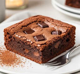 Delicious Homemade Chocolate Fudge Brownie Square on White Plate Sweet Dessert
